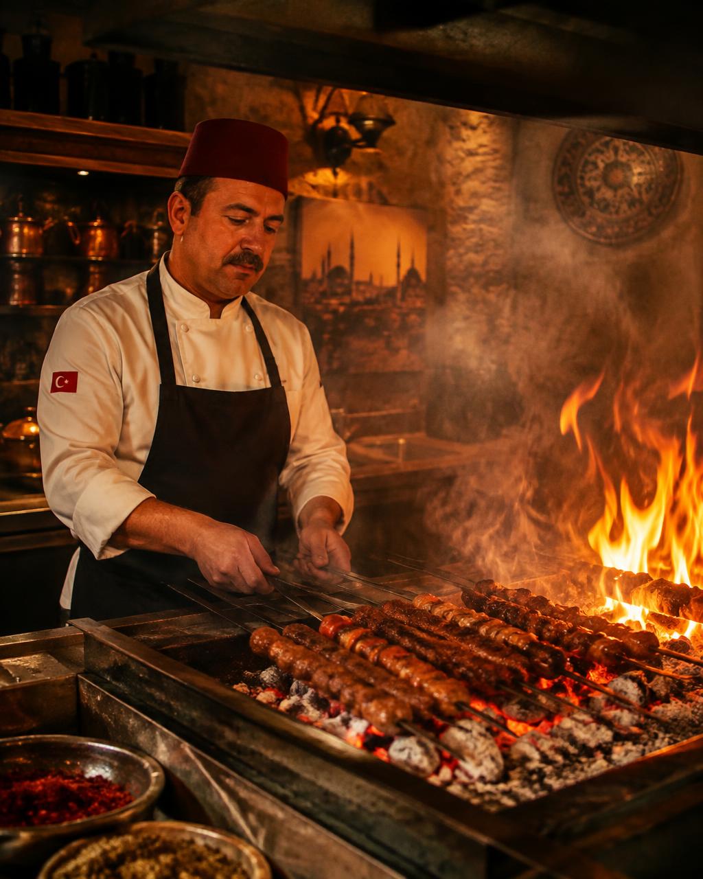 Chef grilling kebab skewers over open charcoal
