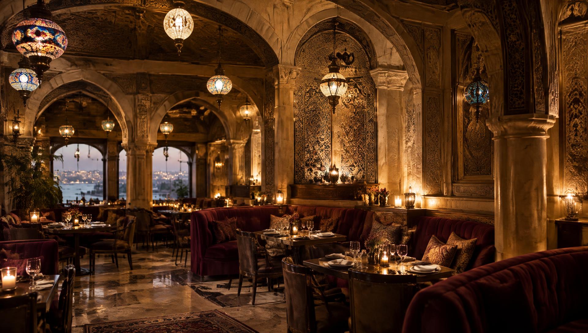 Candlelit Ottoman-style restaurant interior